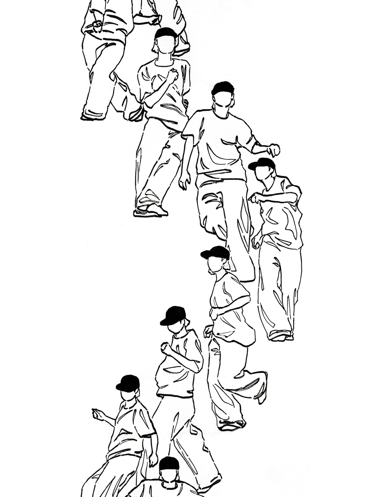 A line illustration in black ink on a white background of a person dancing, depicted through sequential, overlapping frames of movement.