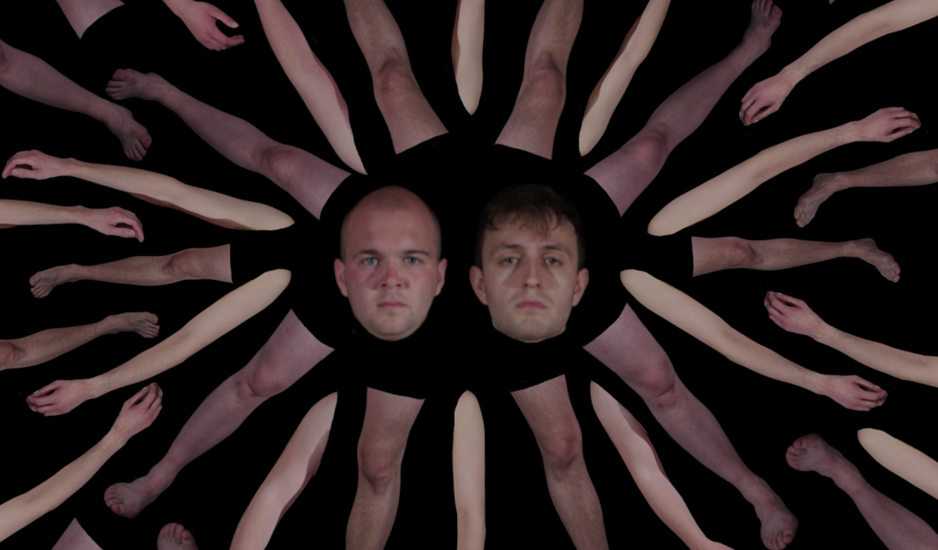 two mens heads surrounded by limbs against a black backdrop