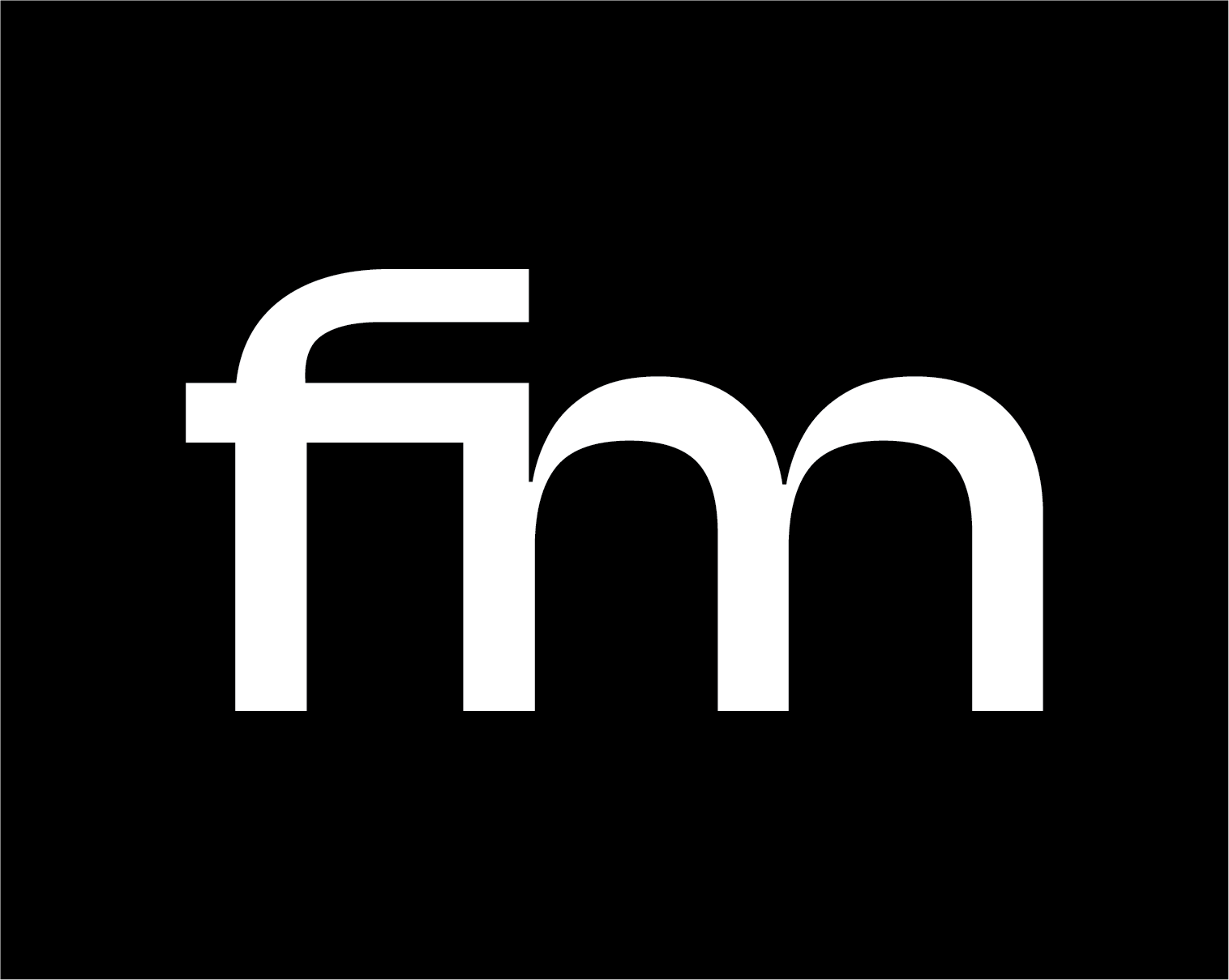 White lowercase ‘fm’ logo displayed on a black background. The logo uses a rounded geometric type style with a connected structure between the letters, creating a clean and minimal visual identity.