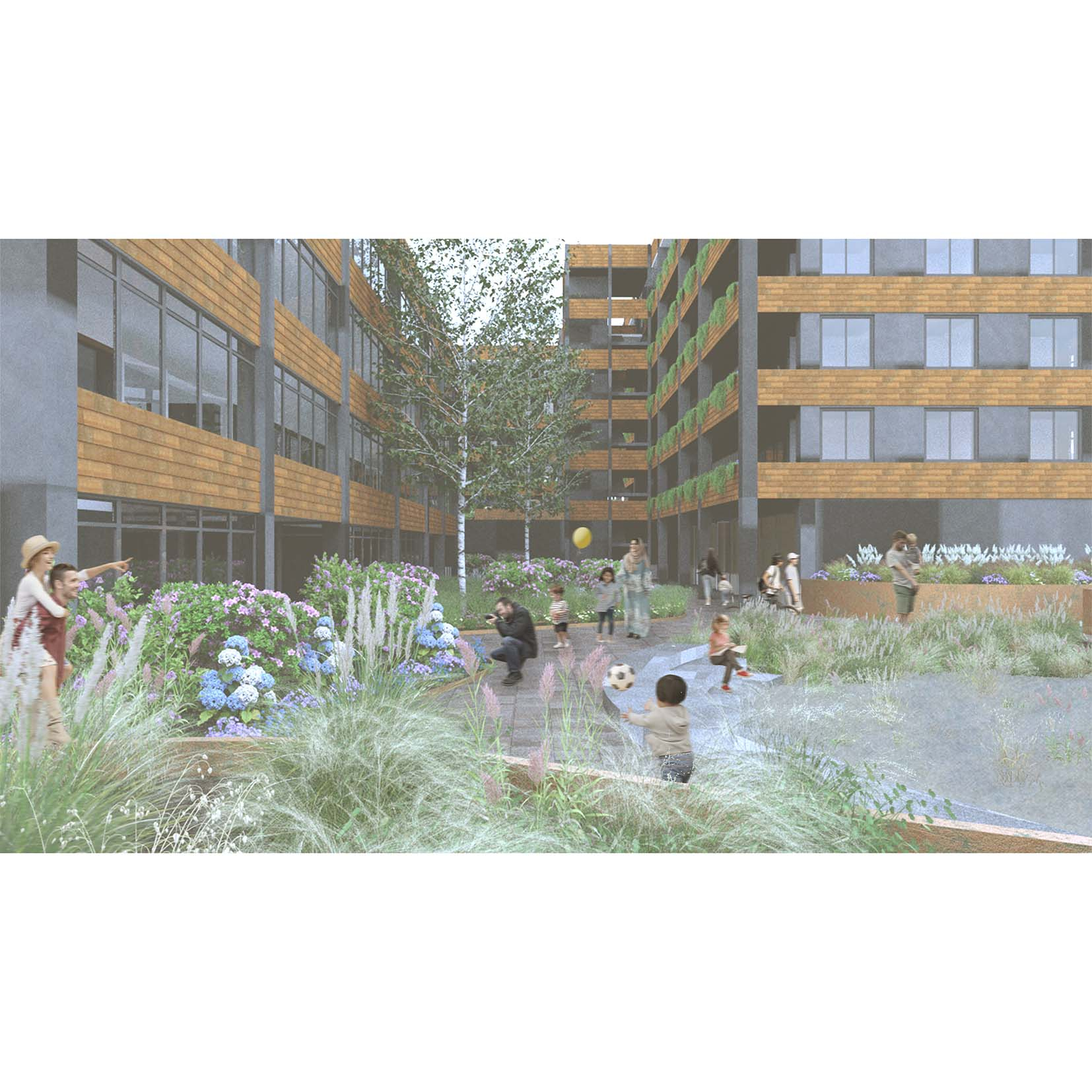 Rendered perspective view of the lowered garden