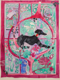 Greyhound sitting in the centre of a moon, surrounded by floral nature inspired ornamentation. 
