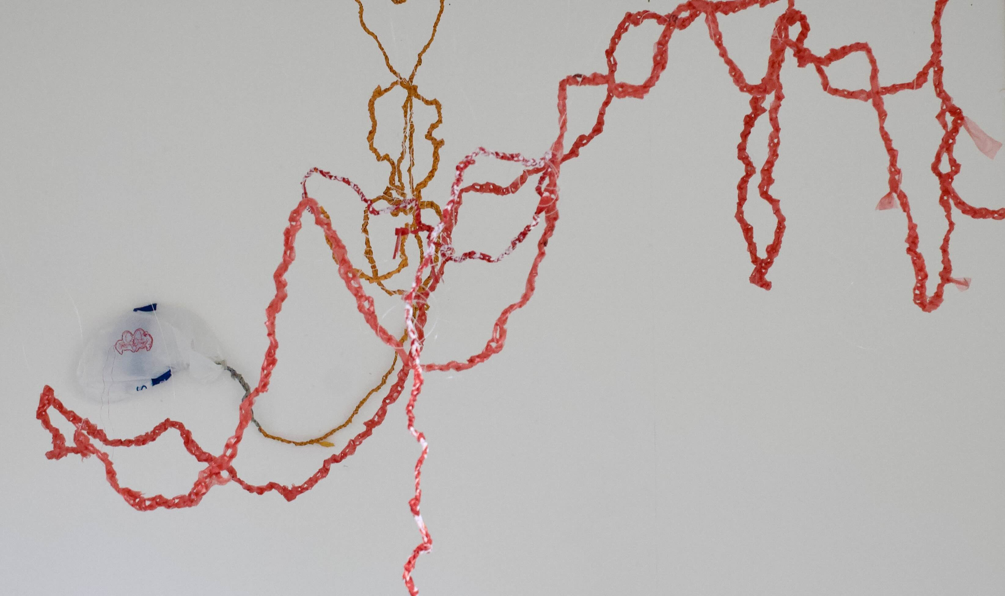 Hanging plastic in white cube space