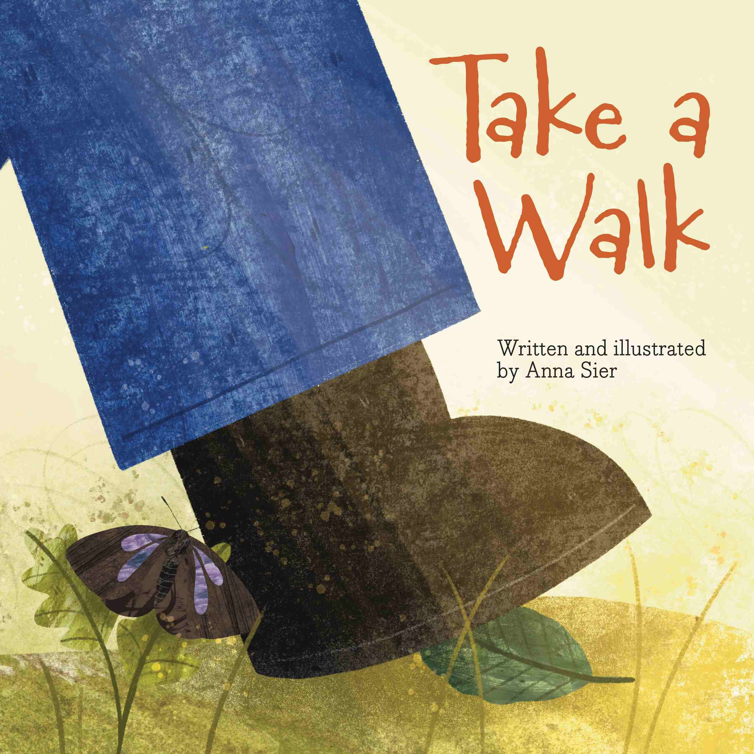 Front cover of a picture book titled Take a Walk. Close up of a shoe surrounded by plants and insects.