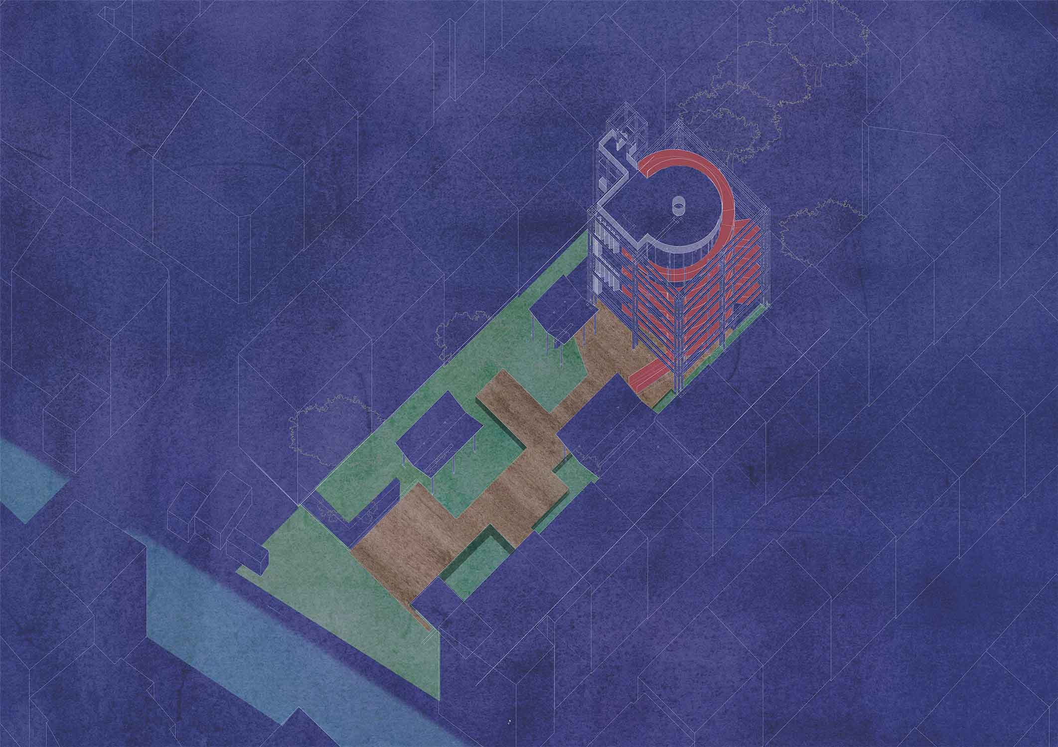 An axonometric projection of the scheme consisting of a single 4 storey block with glulam cage external structure, internal spiral ramp to the nortern edge and a large, irregular set of raised floor to the south. The plot extends all the way to the union canal. The textures are watercolour-painted and the image is kept in shades of ultramarine with white drawing lines. A floor plan is overlaid on top at an angle. 