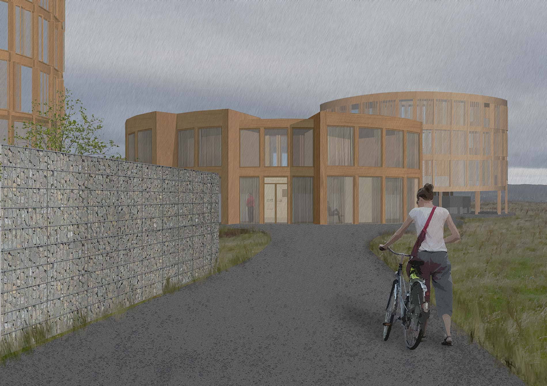 Entrance render of the proposed post-carceral support centre at Magilligan Point, viewed in the rain with a cyclist arriving and the wider development beyond.