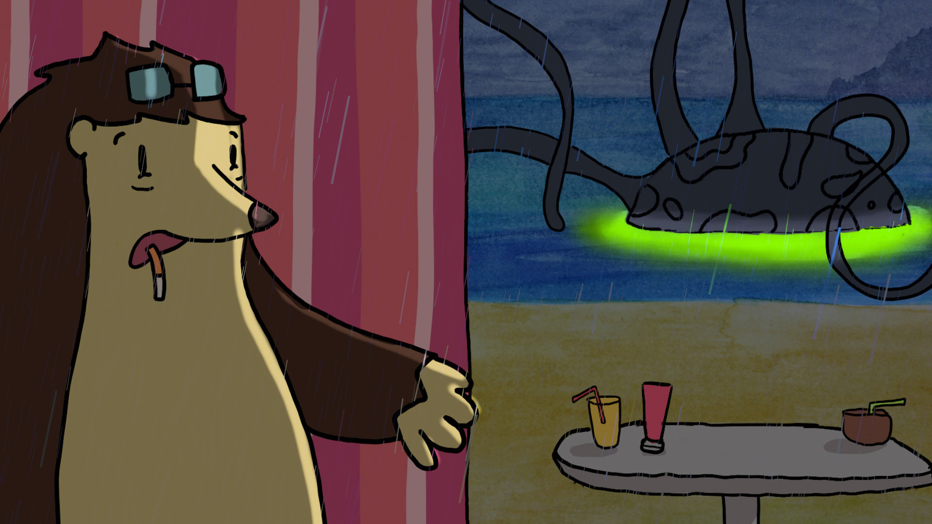 Hedgehog hiding behind beach chair from a monster in the sea