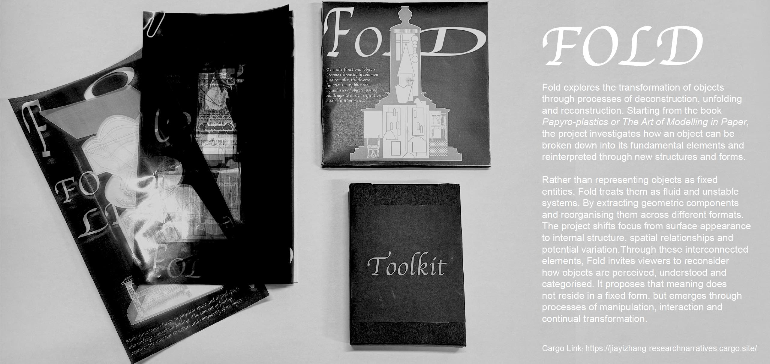 Rather than representing objects as fixed entities, Fold treats them as fluid and unstable systems. By extracting geometric components and reorganising them across different formats. The project shifts focus from surface appearance to internal structure, spatial relationships and potential variation.Through these interconnected elements, Fold invites viewers to reconsider  how objects are perceived, understood and categorised. 