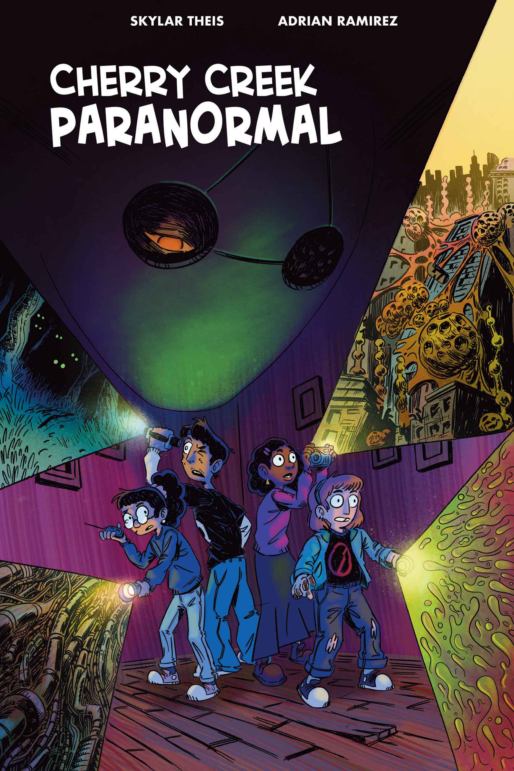 Cherry Creek Paranormal cover, a large ghostly mask descends from darkness, leering at a group of kids cowering in the corner of an old house, their torches illuminating visions of different worlds
