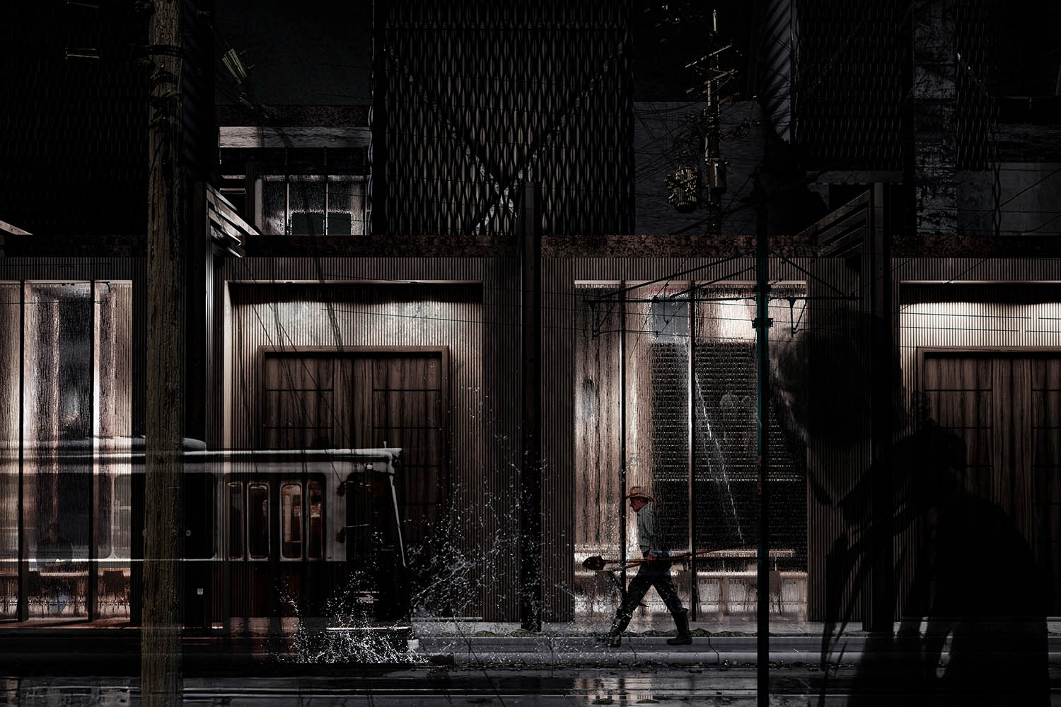 A computer generated images of a dimly light rainy street scene. A figure wearing a hat and carrying spades strides across the image. 