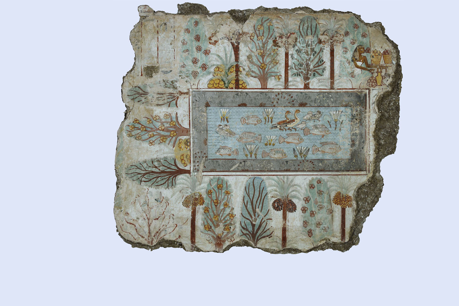 Fragment of a polychrome tomb-painting representing the pool in Nebamun's estate garden: date-palms, sycomores and mandrakes hedge the pool which teems with fish and fowl; the goddess of the sycomore, surrounded by her produce, is shown in the top right-hand corner.